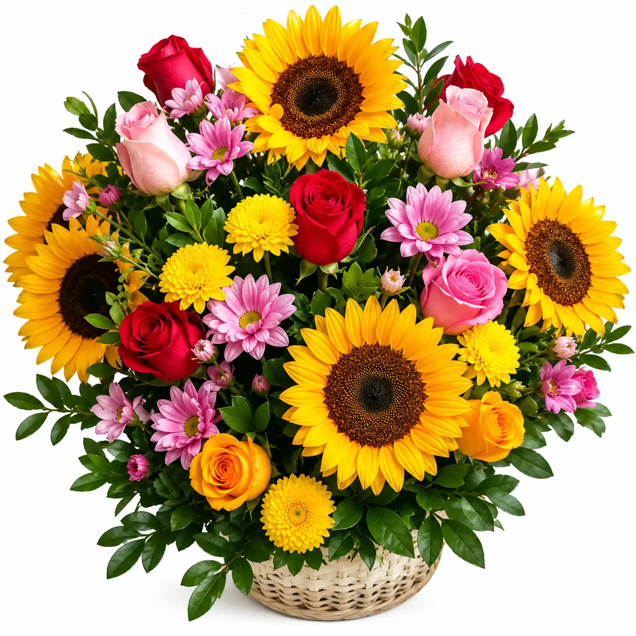 Arreglo floral con rosas de diferentes colores y girasoles en canasta ideal para regalo alegre y colorido para cumpleaños o cualquier ocasión con delivery en Lima